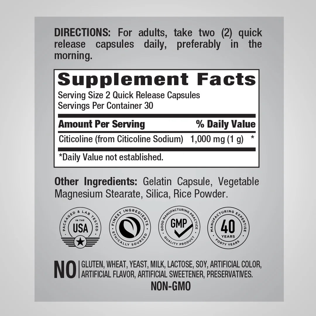 Citicoline (Recall Elements) 500 Mg | 60 Quick Release Capsules | Non-Gmo, Gluten Free | by