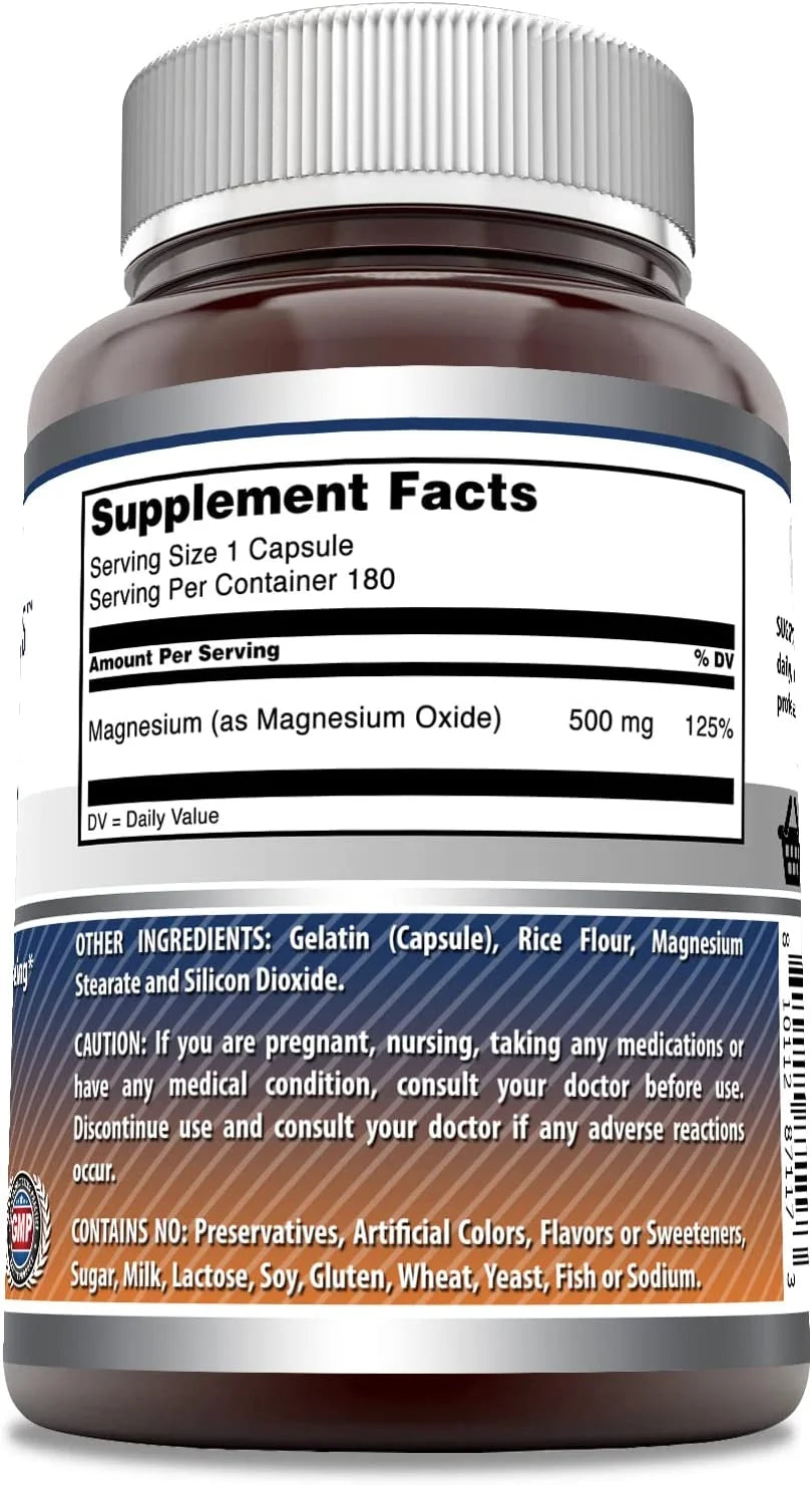 Magnesium Oxide 500Mg, 180 Capsules Supplement (Non-Gmo, Gluten Free) - Essential Mineral for Healthy Well-Being, Supports Energy Production, Supports Heart, Bone & Digestive Health