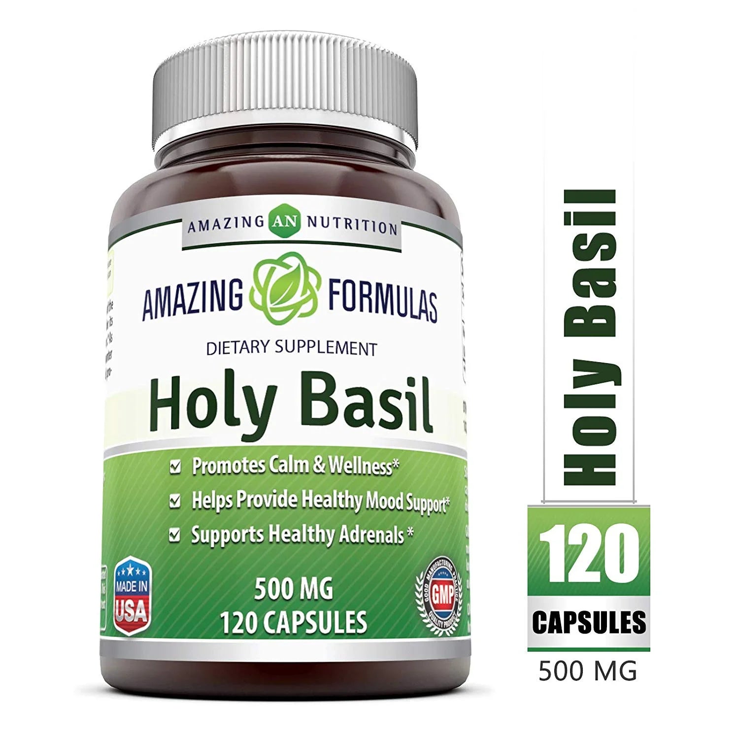 Holy Basil Dietary Supplement - 500Mg 120 Capsules per Bottle - 100% Pure Tulsi (Ocimum Sanctum) Leaf Extract 4:1 Concentrate - Promotes Calm and Wellness