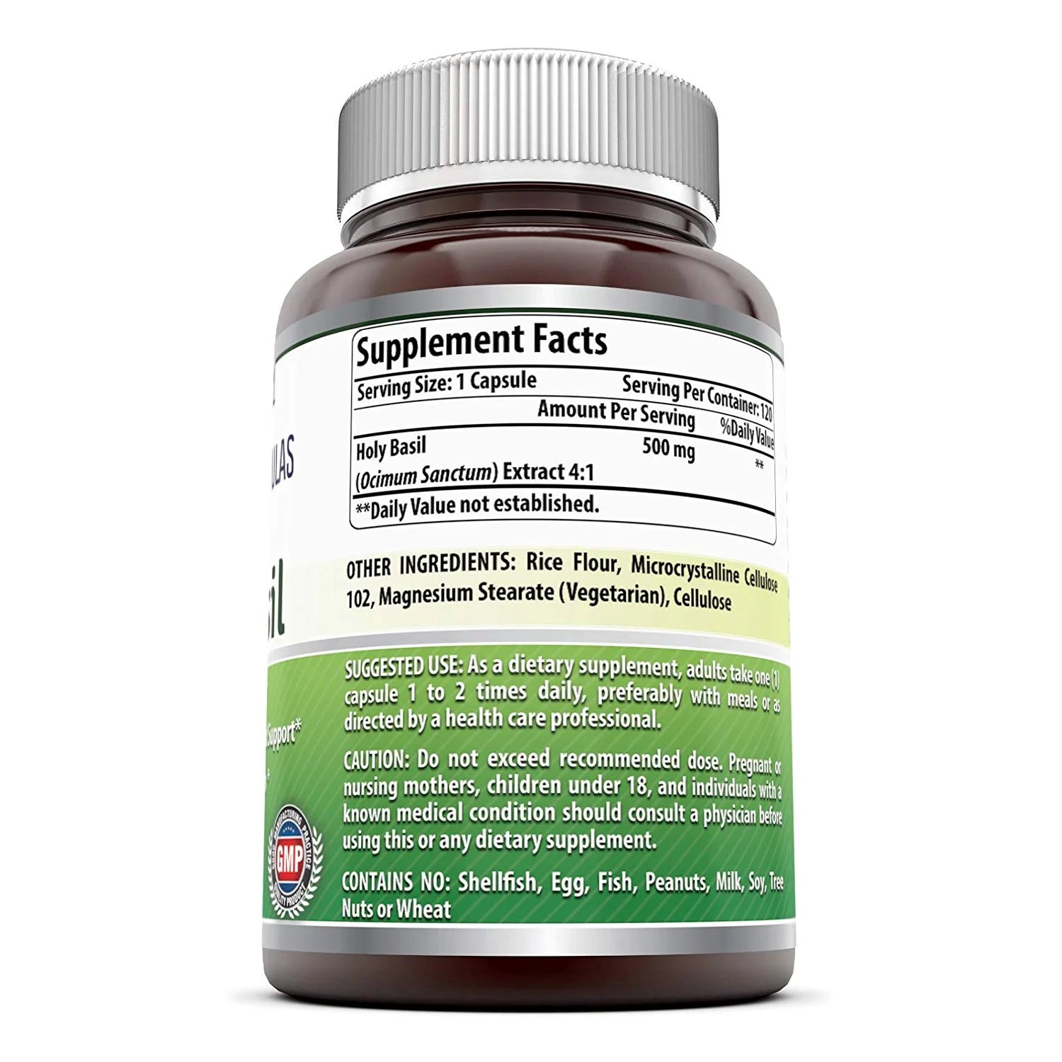 Holy Basil Dietary Supplement - 500Mg 120 Capsules per Bottle - 100% Pure Tulsi (Ocimum Sanctum) Leaf Extract 4:1 Concentrate - Promotes Calm and Wellness