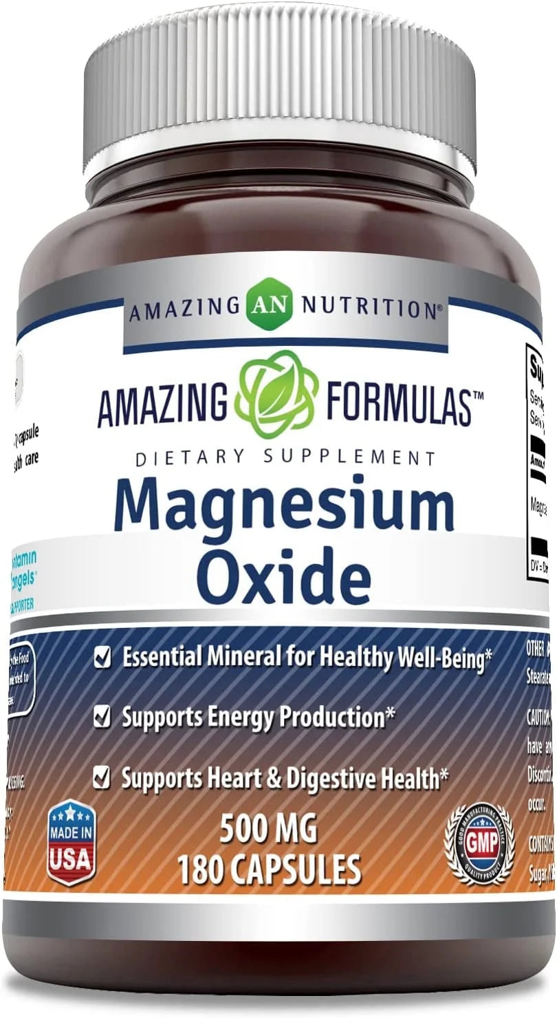 Magnesium Oxide 500Mg, 180 Capsules Supplement (Non-Gmo, Gluten Free) - Essential Mineral for Healthy Well-Being, Supports Energy Production, Supports Heart, Bone & Digestive Health