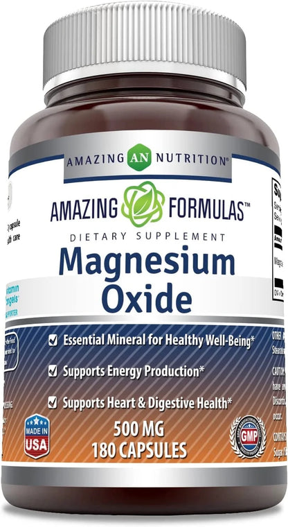 Magnesium Oxide 500Mg, 180 Capsules Supplement (Non-Gmo, Gluten Free) - Essential Mineral for Healthy Well-Being, Supports Energy Production, Supports Heart, Bone & Digestive Health